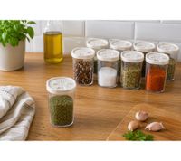 12-teiliges Gewürzstreuer-Set aus Kunststoff mit Deckel und 2 Halterungen 250 ml Gewürzbehälter für Gewürze, Kräuter, Pfeffer und Salz transparent/weiß