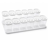 12-teiliges Gewürzstreuer-Set aus Kunststoff mit Deckel und 2 Halterungen 250 ml Gewürzbehälter für Gewürze, Kräuter, Pfeffer und Salz transparent/weiß