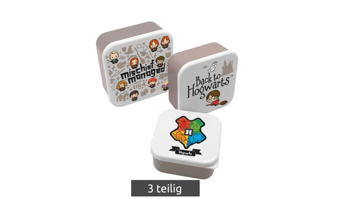 3-teiliges Harry Potter Brotdosen Set in den Größen S 300 ml, M 500 ml, L 800 ml mit Hogwarts Wappen & Figuren Grau