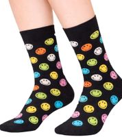 3 Paar Happy Socks Unisex Baumwoll-Socken Sparpack mit Smiley-Print Alltags-Strümpfe in Geschenk-Box XSMY08-6700 Gelb/Schwarz/Blau